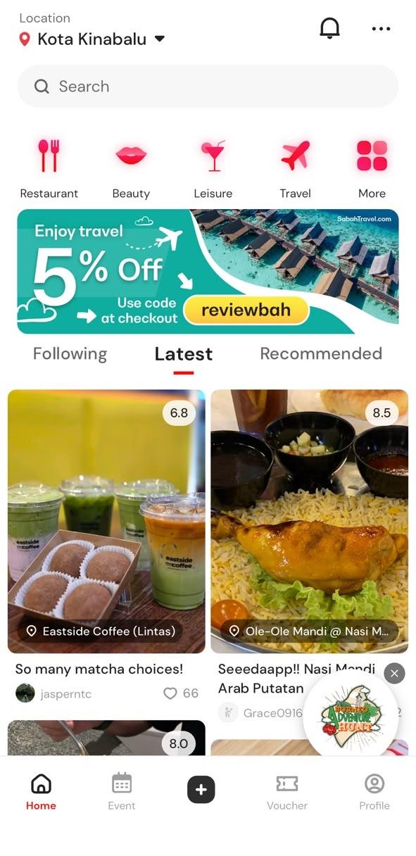 Reviewbah home screen with the BAH hunt button at the bottom-right above the navigation bar